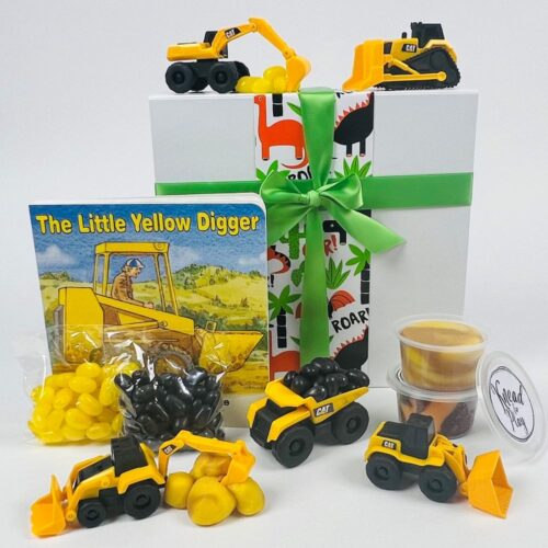 Let's Get Digging Gift Basket. A great gift box for any boy with a pack of 5 machines, two bags of jelly beans, the 'Little Yellow Digger" book and two pots of scented playdough. Gift boxes for kids. Gift packs for kids. Gifts for You & Me