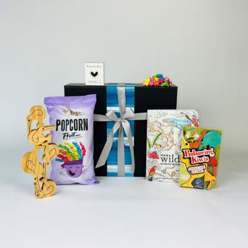 The Activity Fun Gift Basket contains a set of balancing kiwis, a gorgeous activity book, fruit popcorn and a brownie. Kids gift boxes. Gifts for You & Me