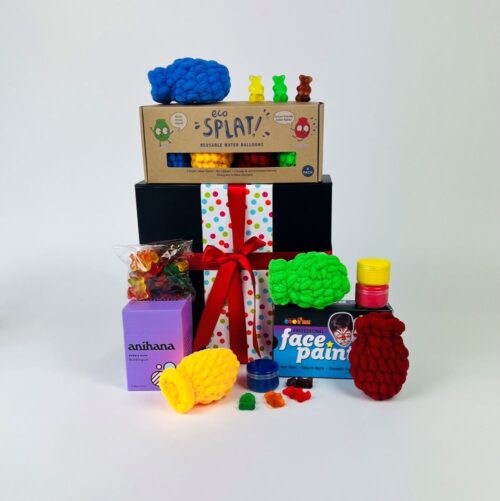 Kids gift boxes. Go Splat Gift Box. Includes eco friendly water balloons, bubble gum bubble bath, face paints & gummy bears. Gifts for You & Me. Gift packs for kids.