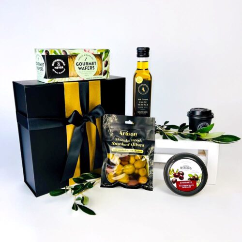 Olives & Gold Gift Box. The perfect gift for any olive lover. Included is; 350g bag of smoked olives (flavour variable), olive garlic & Olive oil gourmet wafers, Kalamata Olive tapenade antipasto, 250ml black truffle infused olive oil and chocolate coated espresso beans for a sneaky treat.