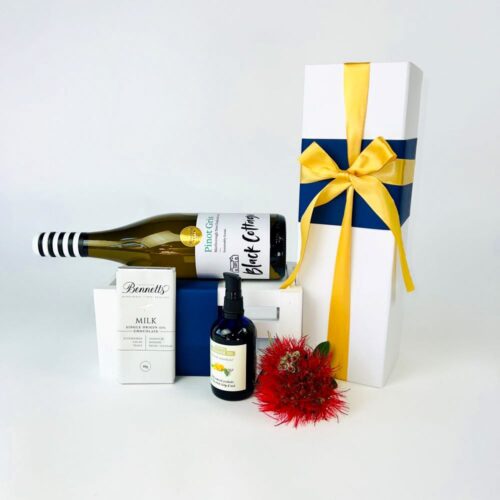 Smooth intentions gift box. Included in gift hamper is a bottle of black cottage pinot gris, together with massage oil and a bar of Bennetts of Mangawhai chocolate. All the products are NZ made, and come in a gift box beautifully presented with gift wrap & ribbon. All the products contained in this gift box are NZ made. The perfect gift for him, her, anniversaries, birthday or just because.