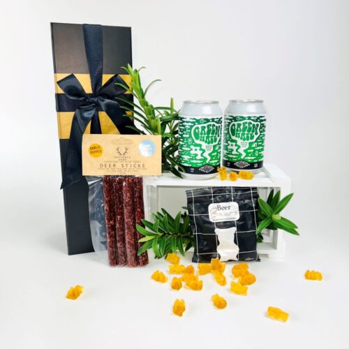 Hearty Cheers Gift Hamper includes 2x cans of Brothers Hazy Ale, a packet of beer gummy bears and a pack of gathered game deer sticks. This is the perfect gift box for his birthday, a thank you or Father's Day.