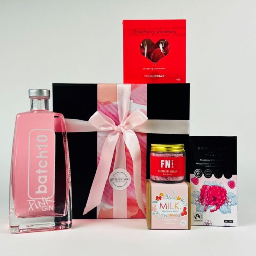 A great gift basket for her. Pink gin and other treats. Gift boxes for her. Gift Baskets NZ. Gift Boxes NZ. Gift Hampers NZ. Gin Gift Box.