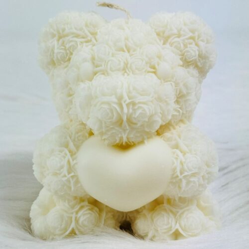 Love Bear Candle. Bear Candle. Gifts for Her. Gifts for Home. Gifts NZ. Bear candle carrying a heart, fur is roses.