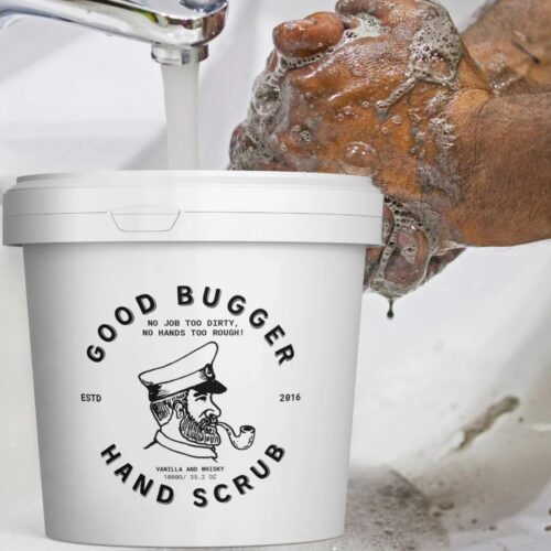 Good Bugger Hand Scrub. Dirty hands in background.