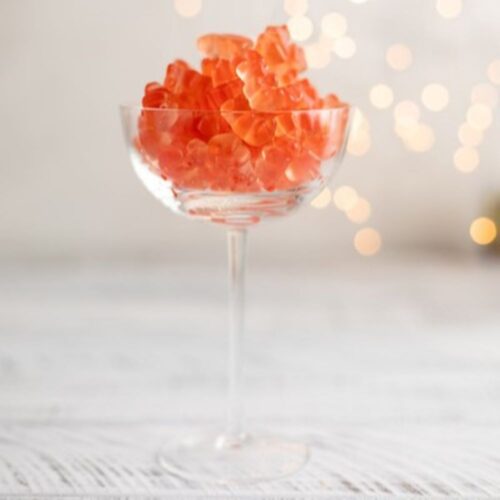 Rose Gummie Bears. Staged in glass.