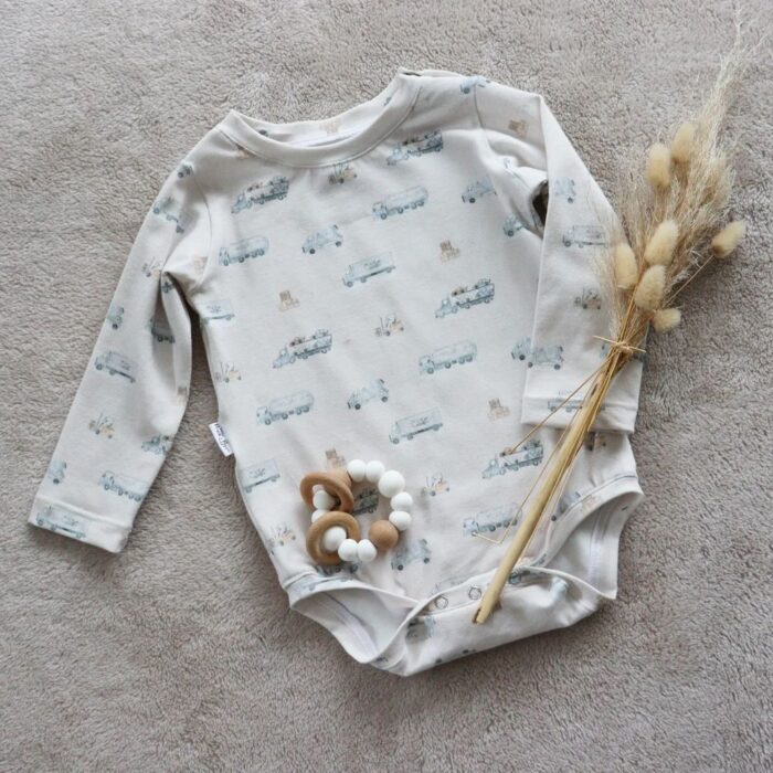 Peach & Poppy Long Sleeved Onesie. Truck pattern.