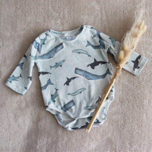 Peach & Poppy Long Sleeved Onesie. Whale pattern.