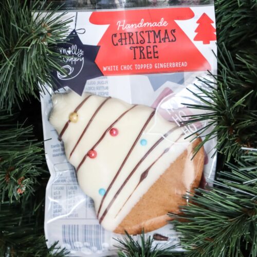 Molly Woppy Single Decorated Christmas Tree Cookie. White Choc Top